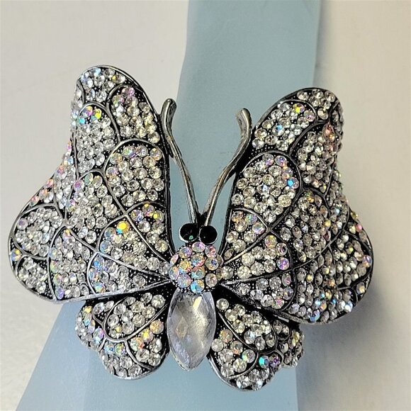 Large Rhinestone Butterfly Hinged Cuff Bracelet - Picture 1 of 14